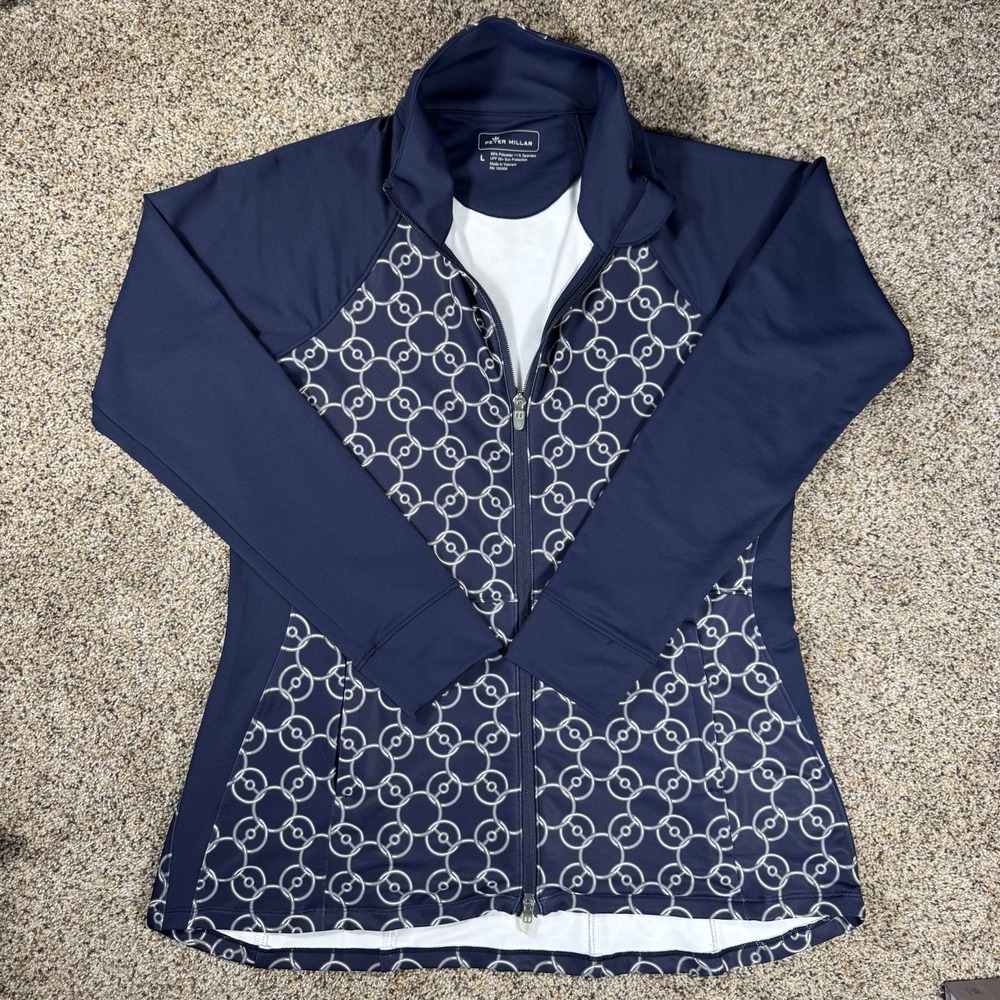 Peter Millar Women's Navy Blue Full Zip Golf Jacket Geometric Chain Link Size L